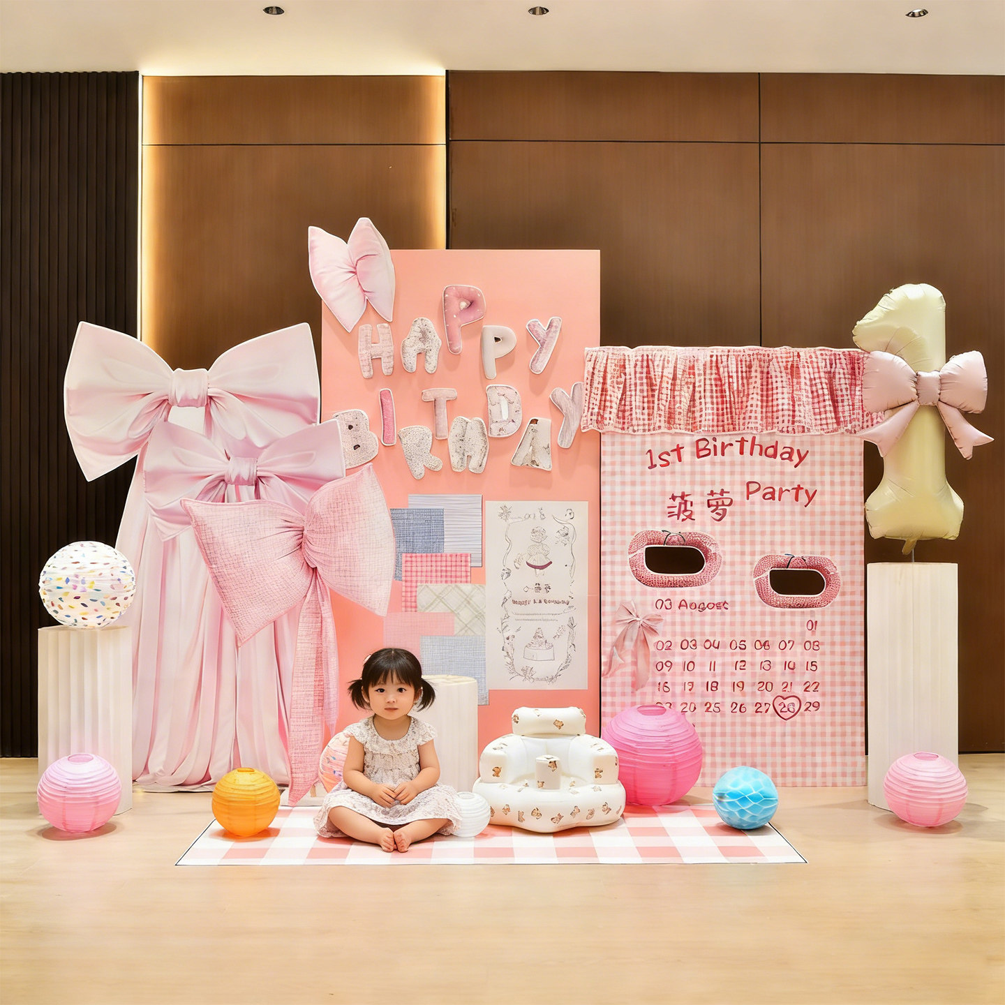 韩系粉色格子女孩生日装饰场景布置仪式感一周岁宴气球kt板背景板,节庆用品/礼品,装扮布置套餐,淘宝优惠券,粉丝福利购,淘宝优惠卷