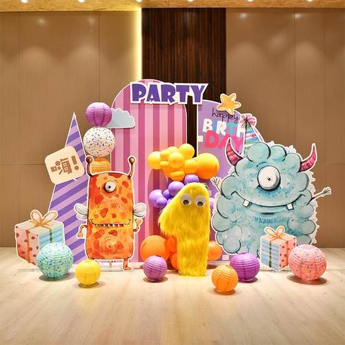 多巴胺小怪兽主题生日布置场景装饰宝宝周岁百日宴kt板气球背景墙