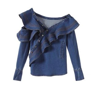 破事精英屠画金若愚同款荷叶边露肩牛仔衬衫一字设计感长袖上衣