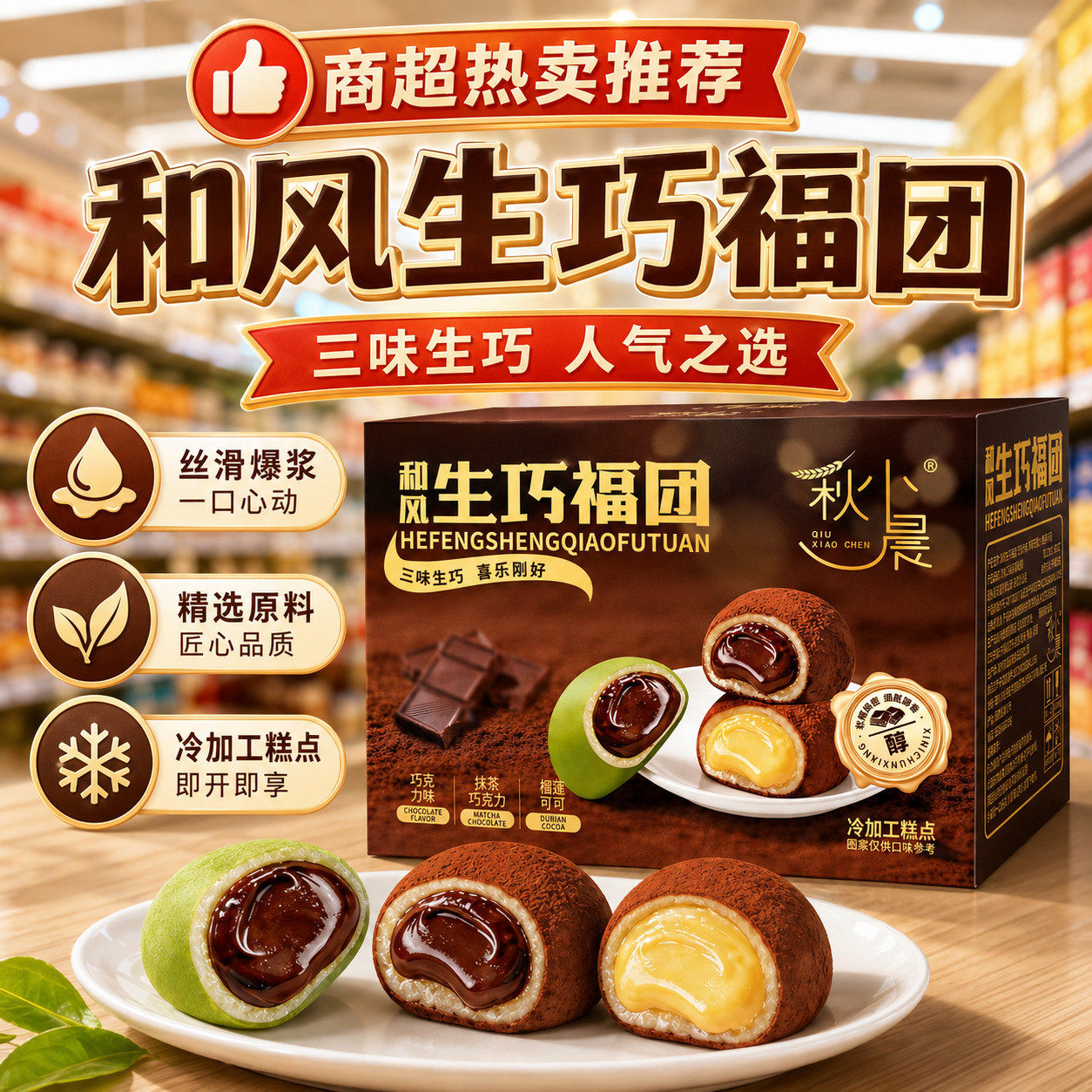 【抢52枚】抹茶生巧福团大福网红日式巧克力味雪媚娘爆浆糯米滋盒