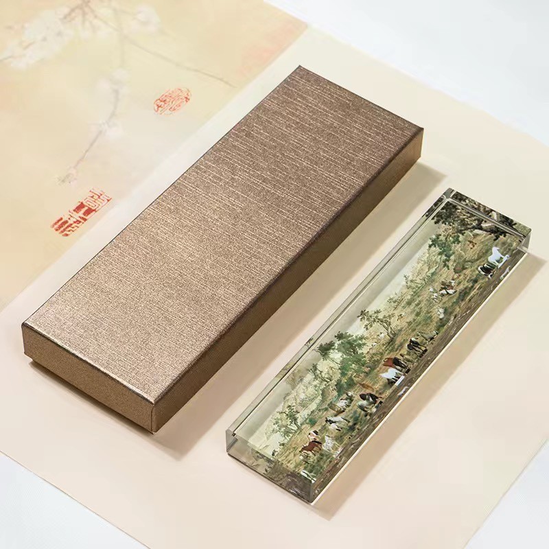 2026镇尺水晶玻璃镇纸压书书法压纸石千里江山图文房四宝毛笔压纸