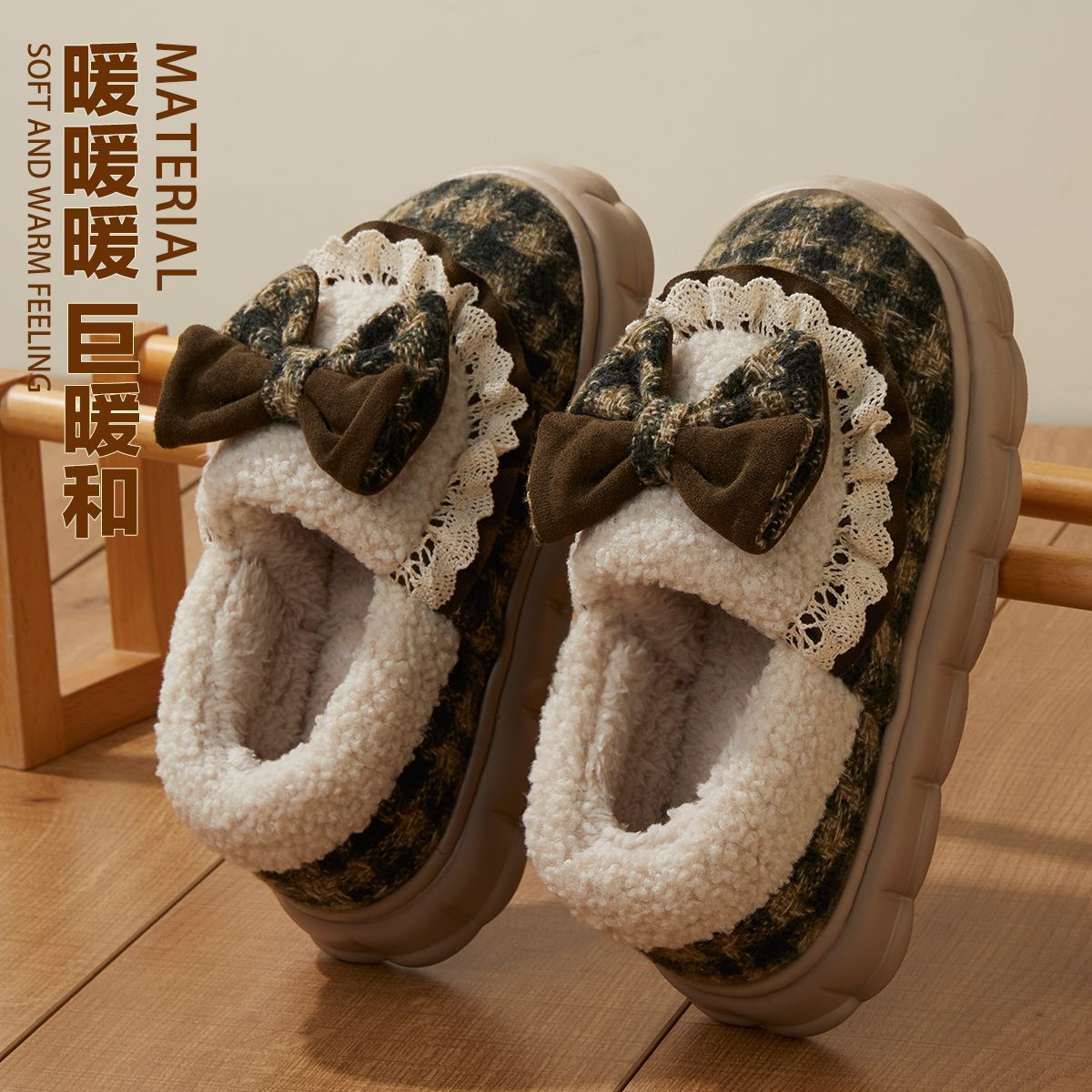 2026复古蝴蝶结棉鞋女士冬季外穿厚底防滑保暖加绒加厚室内包跟棉