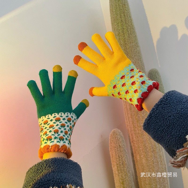 2026男女冬季鸳鸯色加绒毛线针织拼色五指手套可触屏骑行防寒学生