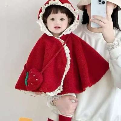 2026红色加绒防风保暖加厚披风披肩婴儿秋冬斗篷外套冬季宝宝外出