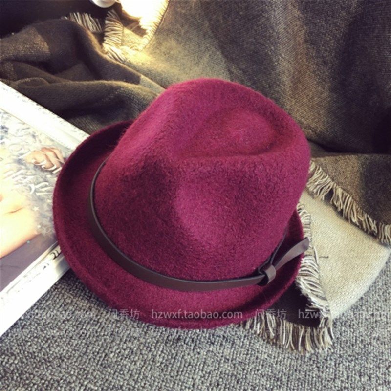 秋冬英伦时尚复古皮带羊毛礼帽小沿卷边男女士锥顶爵士礼帽潮韩版