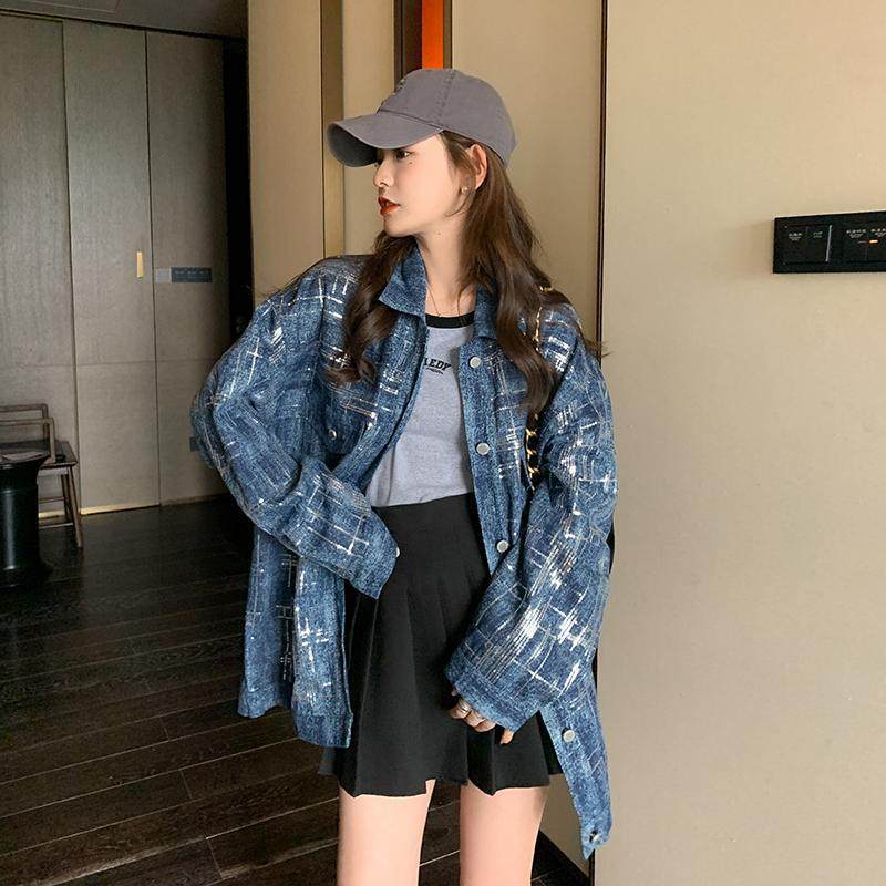 实拍设计感亮片牛仔外套女春秋宽松bf慵懒港风chic高级感炸街上衣