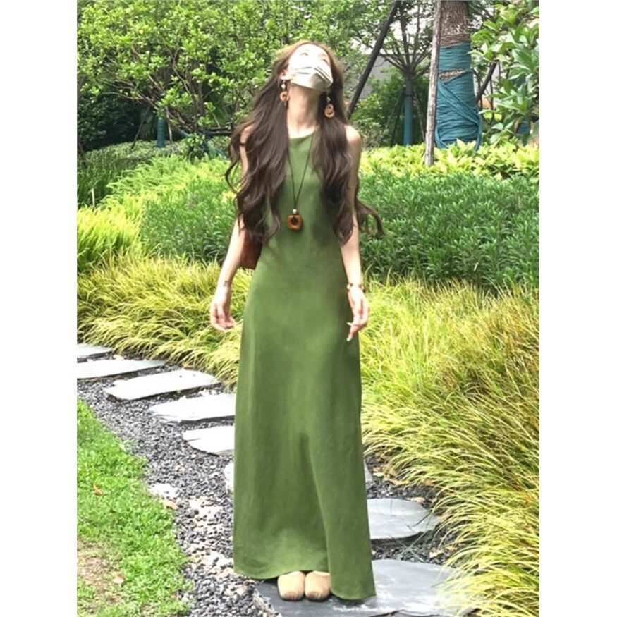 法式复古绿色吊带背心连