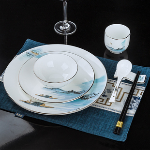新中式酒店餐具摆台四件套景德镇陶瓷碗碟商用套装骨瓷会所中国风