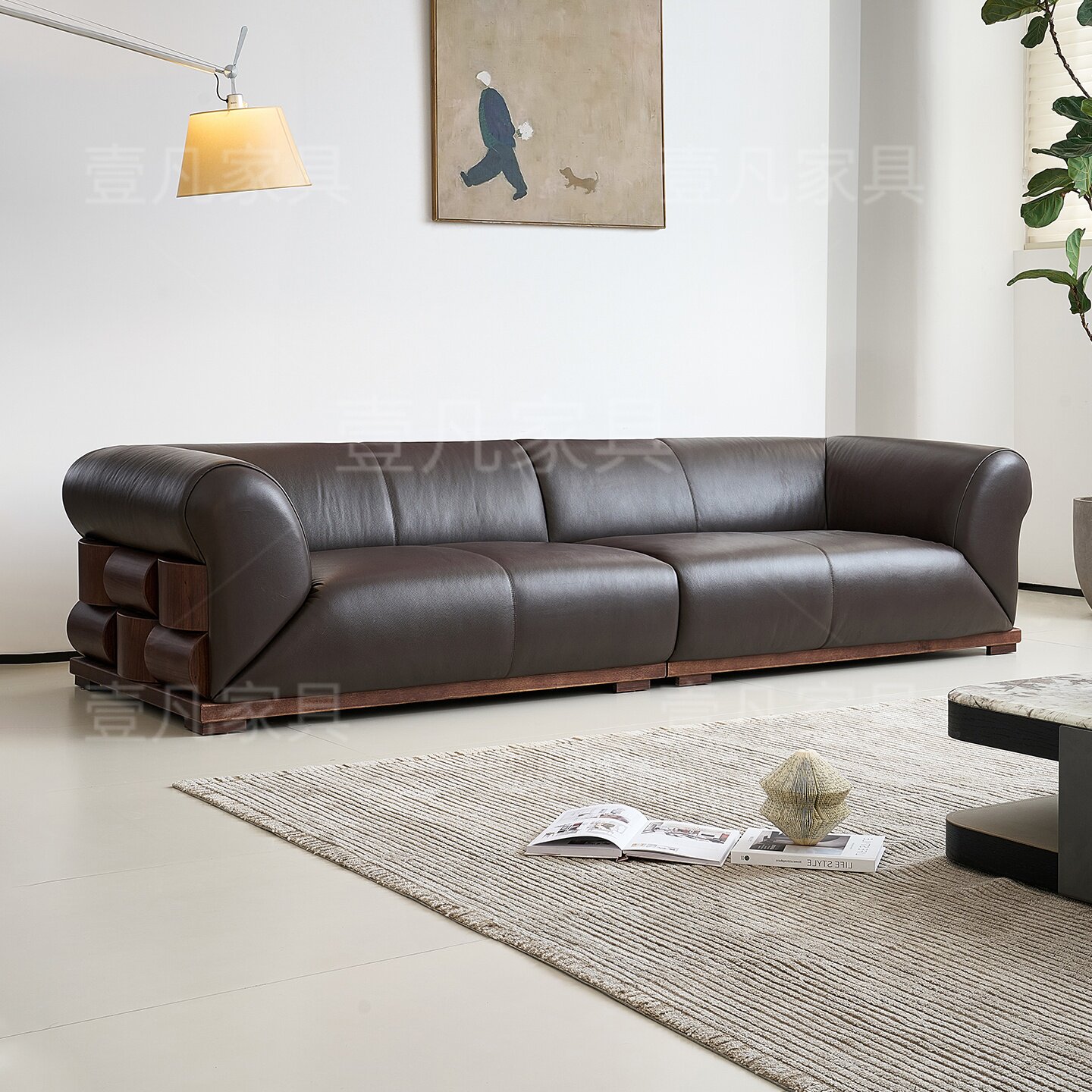 法式全实木棕色牛皮真皮沙发北美胡桃木三人位直排复古风皮艺沙发