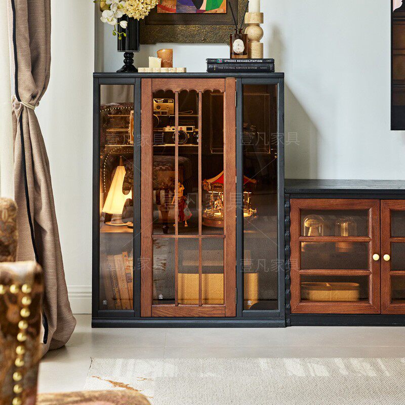 法式中古风家用展示柜酒柜手办陈列柜玻璃柜复古实木电视边柜痛柜