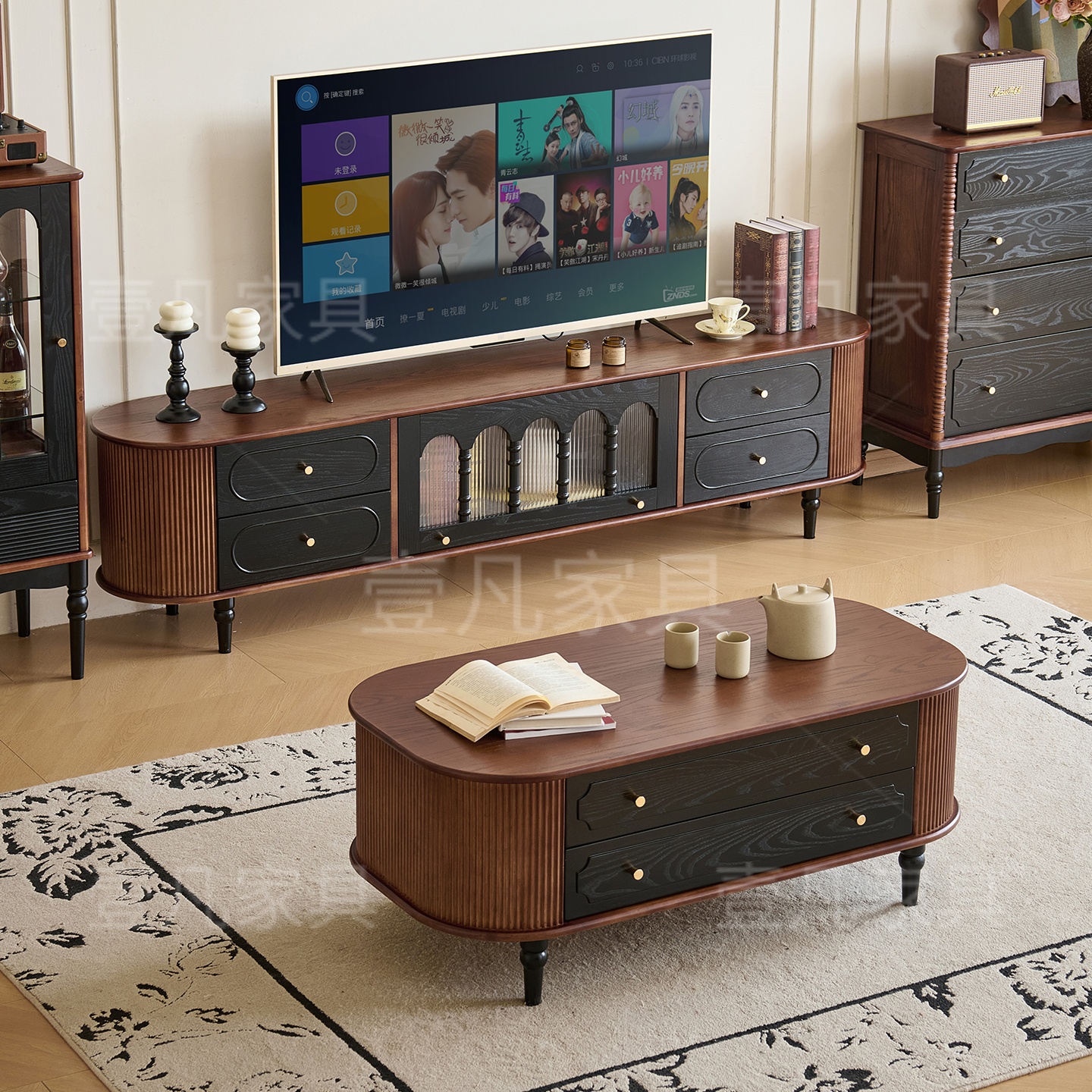 法式复古白蜡木复古双色客厅实木中古风储物柜美式茶几电视柜组合