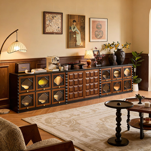 法式中古风客厅实木巧克力棋盘电视柜模块化组合展示柜复古落地柜