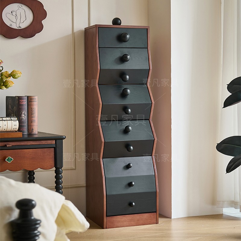 复古实木不规则斗柜中古风储物收纳柜小户型边柜拼色五斗柜餐边柜