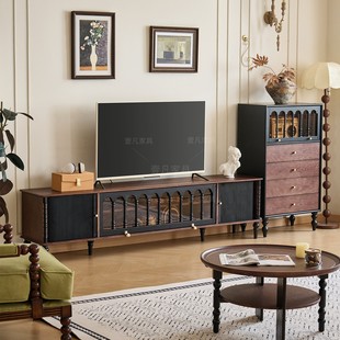 法式复古实木电视柜小户型客厅收纳储物柜一体黑色美式中古风家具