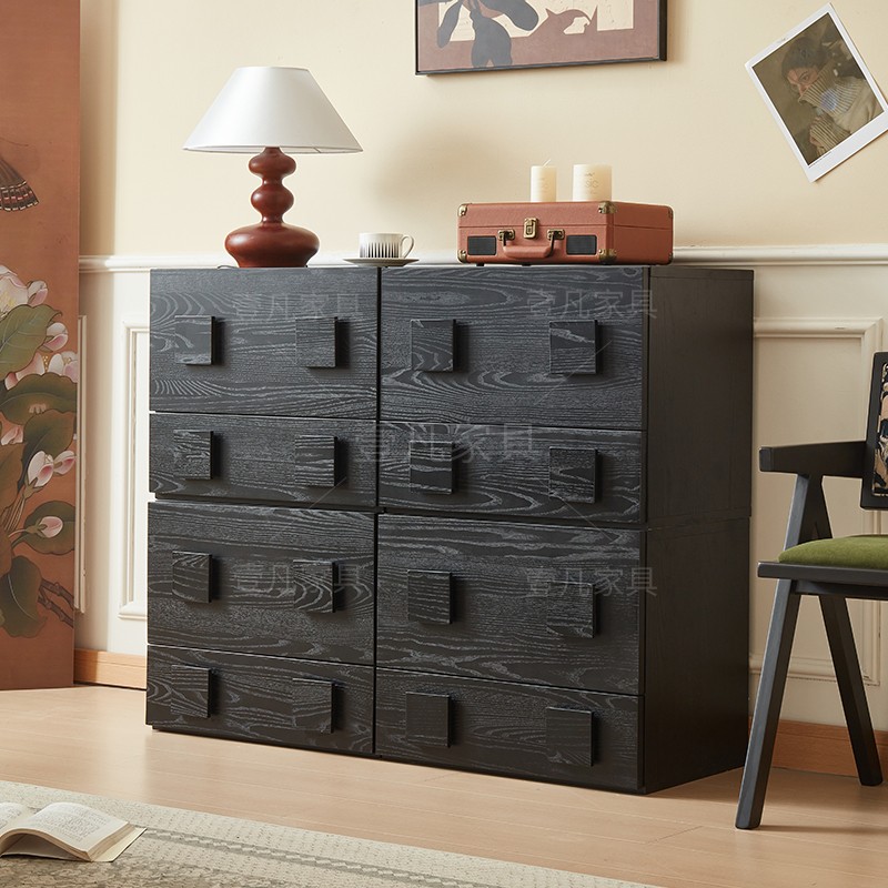 法式复古黑色白蜡木全实木卡门柜抽屉式床头柜靠墙多功能电视柜