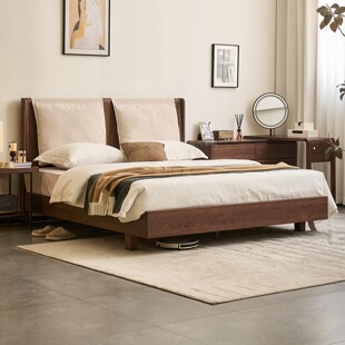 法式 中古风胡桃木全实木1.8米复古风棉麻软包床1.5宋氏美学双人床