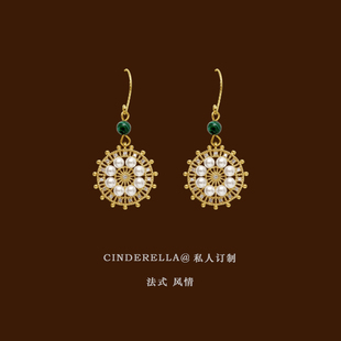 cinderella 祖母綠復(fù)古珍珠耳夾女圓圈無痛無耳洞蚊香盤耳環(huán)氣質(zhì)