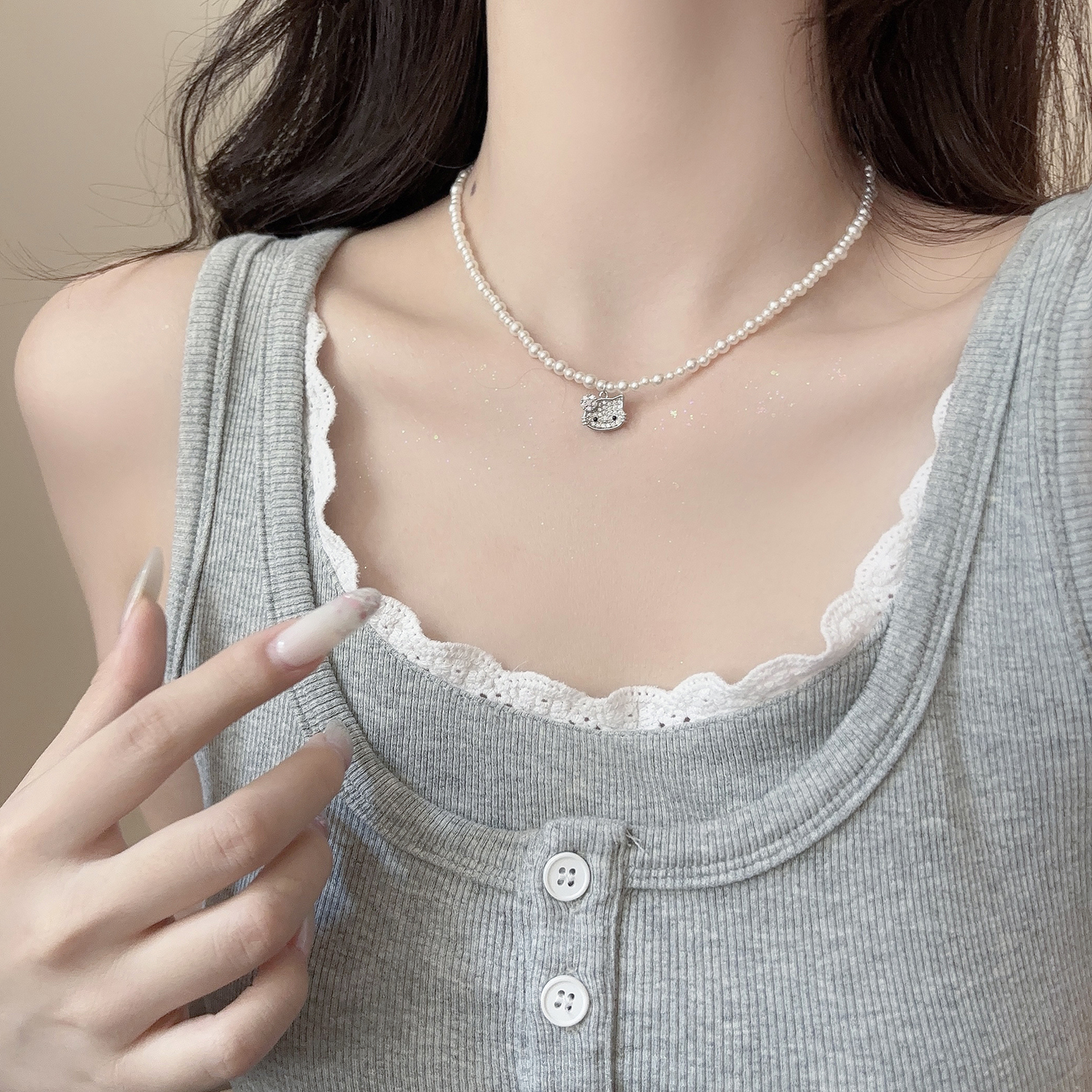 【新品买1送1】KT猫珍珠项链女轻奢小众高级感独特气质锁骨链颈链