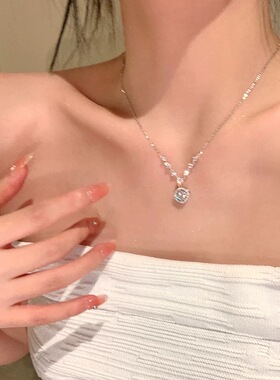 S925纯银方糖项链女小众轻奢高级感爆闪锆石锁骨链送女友生日礼物
