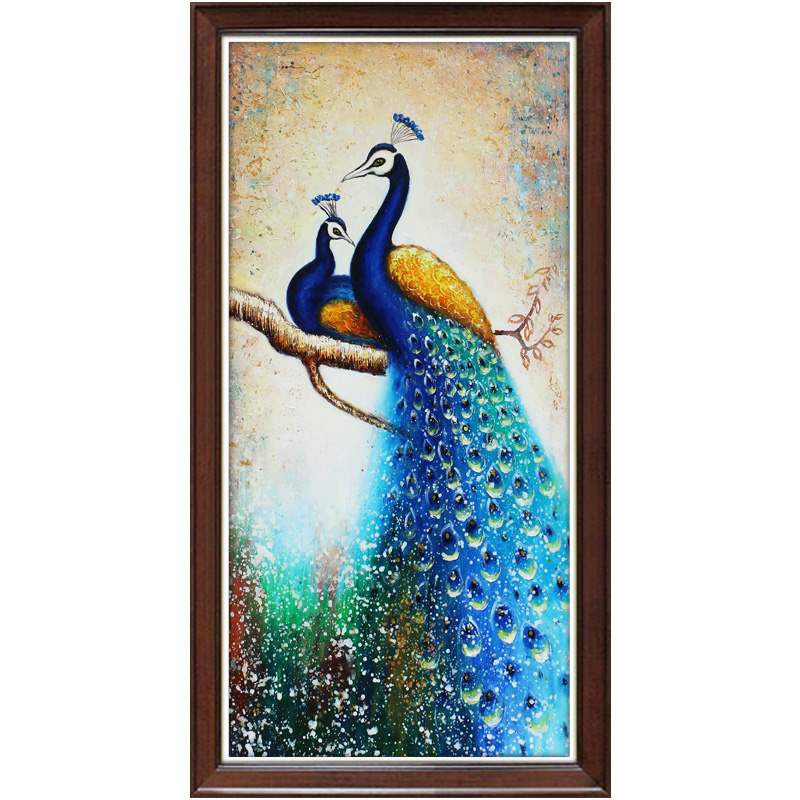 装饰画玄关走廊美式墙壁画新中式过道立体画蓝孔雀手绘油画