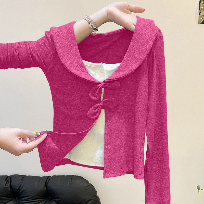 纯欲甜辣妹翻领假两件蝴蝶结打底衫女内搭高级感早秋显瘦长袖上衣,女装/女士精品,T恤,淘宝优惠券,粉丝福利购,淘宝优惠卷
