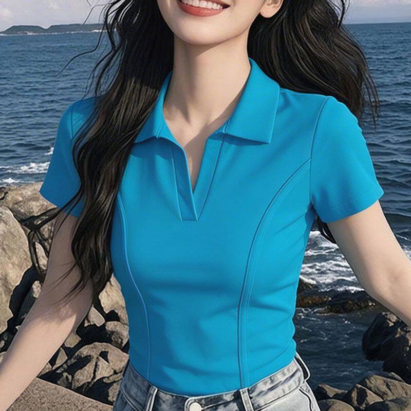 鱼骨收腰短款Polo领T恤女棉高腰显瘦休闲气质通勤百搭上衣小众