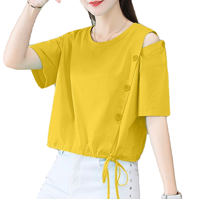 短款宽松纯棉t恤女简约纯色夏季新款高腰短袖露肩圆领上衣薄款