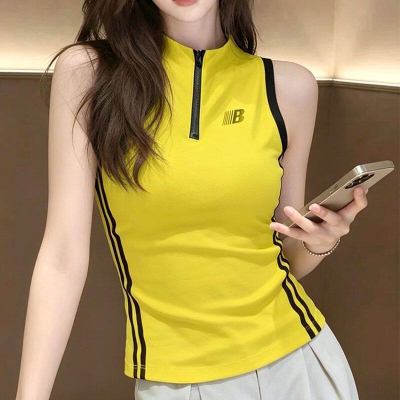 2026夏新款纯棉拉链立领背心女修身字母印花辣妹运动风无袖上衣 - 实物图
