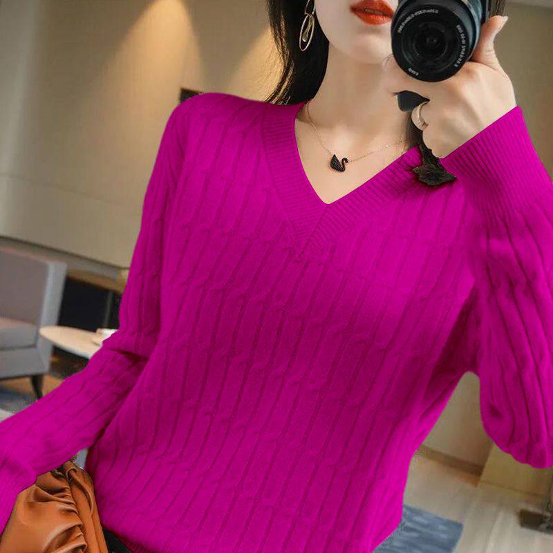 2026春秋麻花毛衣女加厚韩版保暖上衣新款V领长袖冬季打底针织衫