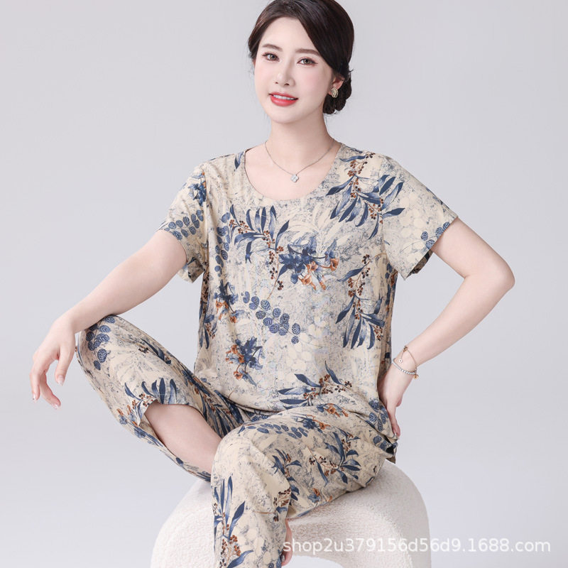 中老年绵绸睡衣夏季套装妈妈短袖家居服透气薄款人造棉棉绸睡衣