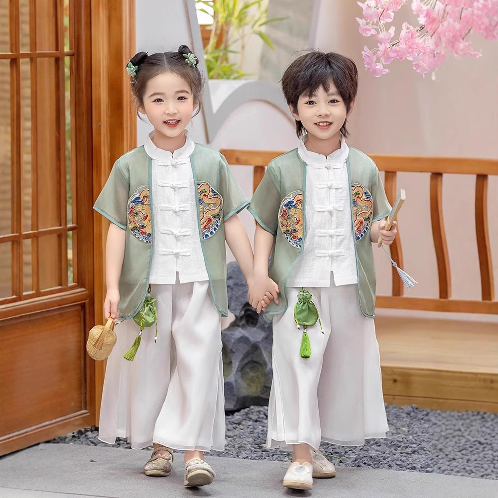 男童新中式汉服套装夏季2025周岁礼服男宝刺绣唐装薄款舞台演出服