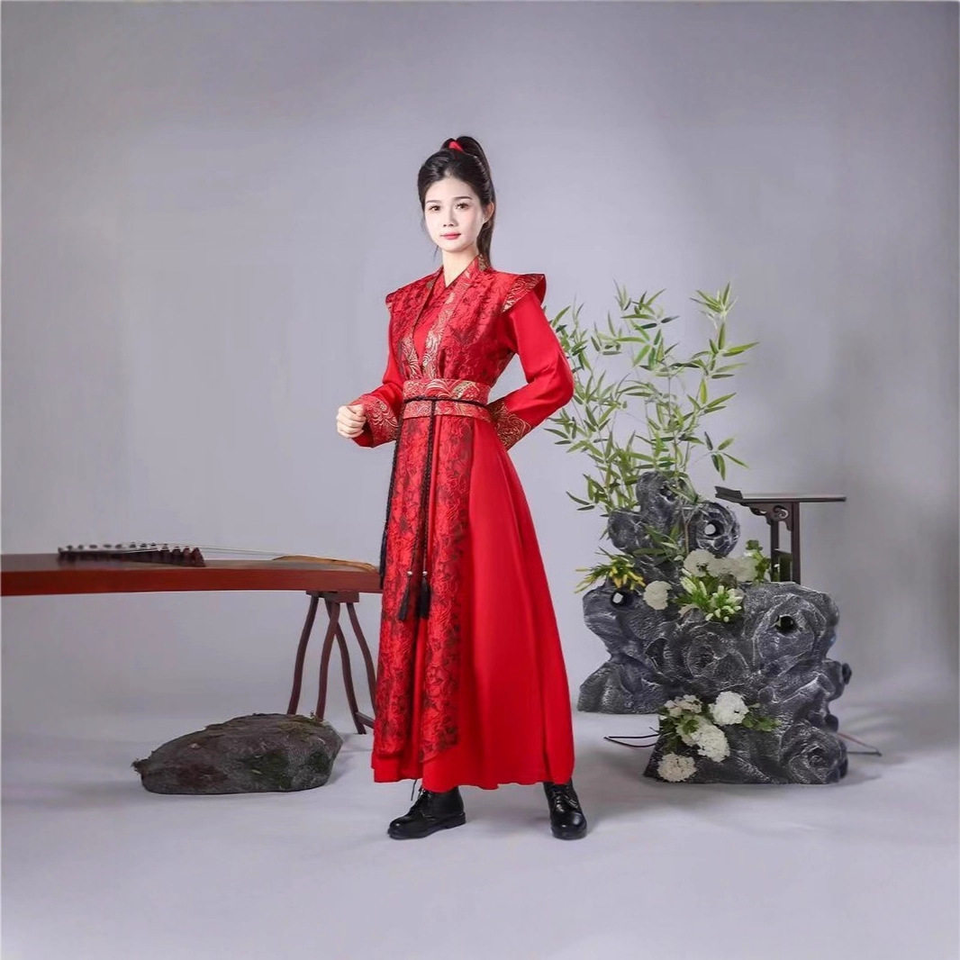红色打鼓演出服男女侠客风花木兰剑舞国风古装象行舞蹈服雪龙吟