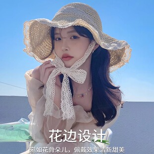 草帽法式夏草编帽女夏天防晒帽沙滩三亚海边拍照帽子新款蕾丝遮阳