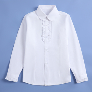 春秋款女童花边白衬衫长袖纯棉胸花上衣中大儿童小学生校服白衬衣