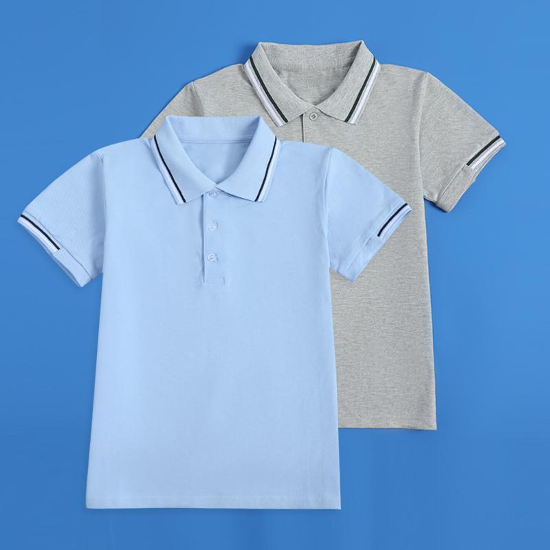 儿童校服POLO衫短袖夏季童装T恤浅蓝色男女童灰色班服小学生上衣