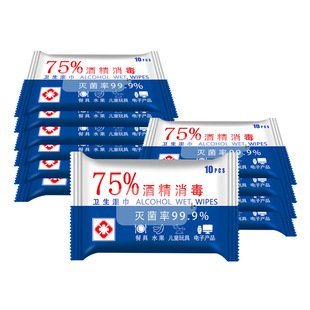 简禾75%度酒精消毒湿巾10包100抽便携式 除菌卫生擦手湿纸巾随身装