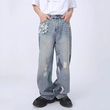 美式vibe风小众设计感涂鸦破洞牛仔裤男女潮牌高街显瘦拖地长裤子