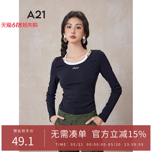 A21女装修身圆领假两件长袖T恤