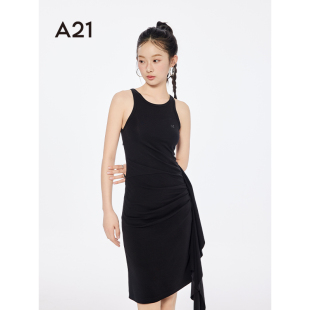 A21女装修腰显瘦小黑裙夏季新款简约设计感侧边不规则针织连衣裙