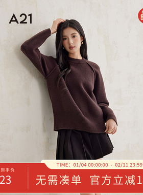 A21女装圆领厚款毛针织衫2024冬季新款简约插肩长袖宽松套头上衣
