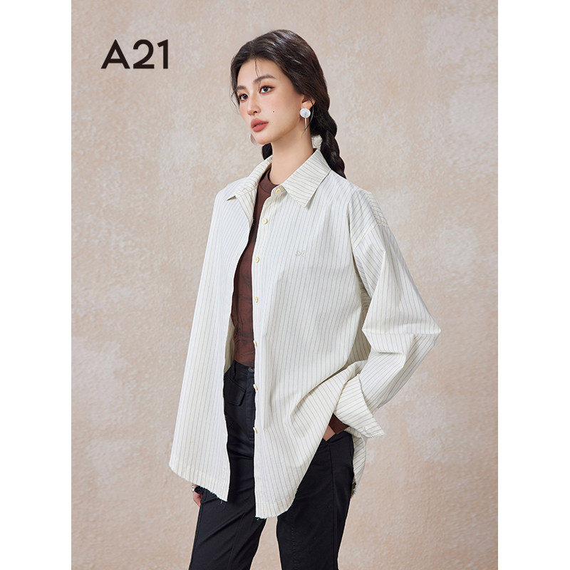 A21女装宽松翻领条纹长袖衬衫春秋季梭织新品休闲百搭慵懒风上衣