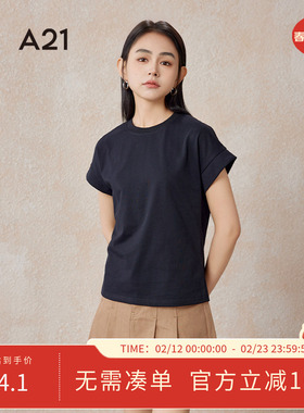 A21女装圆领落肩短袖T恤女士早春季新款时尚休闲修身显瘦运动上衣