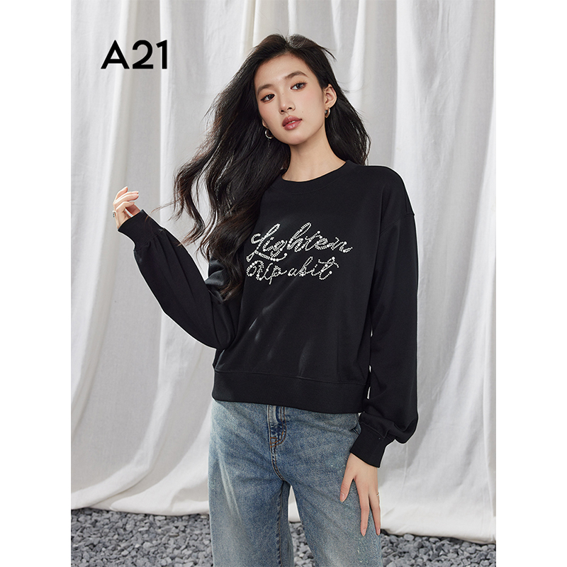 A21女装黑色宽松卫衣2025春季新款简约贴钻字母长袖短款套头上衣