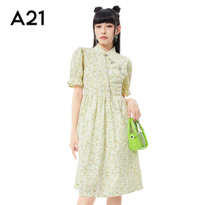A21女装国潮碎花旗袍连衣裙新款立领泡泡短袖收腰中长裙