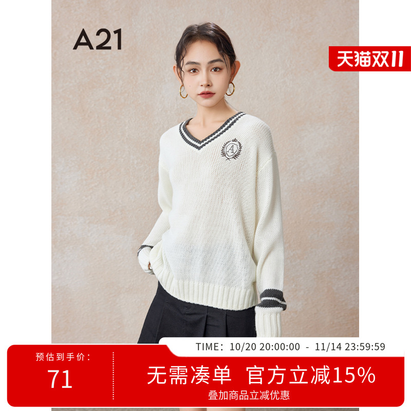 A21女装宽松圆领落肩长袖线衫