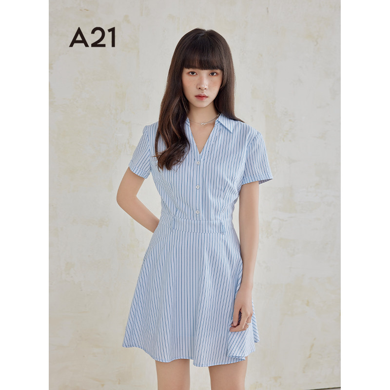 A21女装短袖连衣裙女生夏季设计感条纹V领简约中裙子