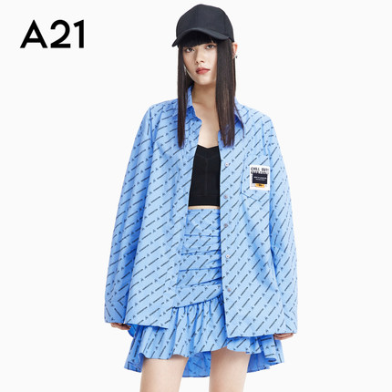 A21女装字母印花衬衫女设计感2023秋季新款宽松长袖外套翻领衬衣