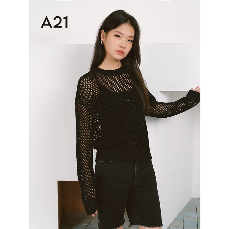 A21女装镂空薄款毛针织衫春夏新款韩版圆领落肩长袖宽松网格上衣