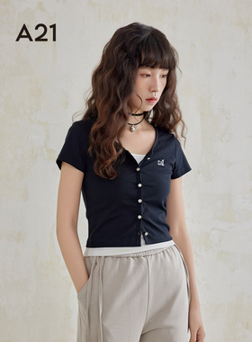 A21女装V领薄款针织衫两件套夏季新款简约短袖T恤女士打底衫上衣