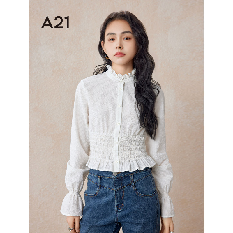 A21女装立领长袖衬衫早春季2024新款法式别致显瘦收腰显瘦上衣潮